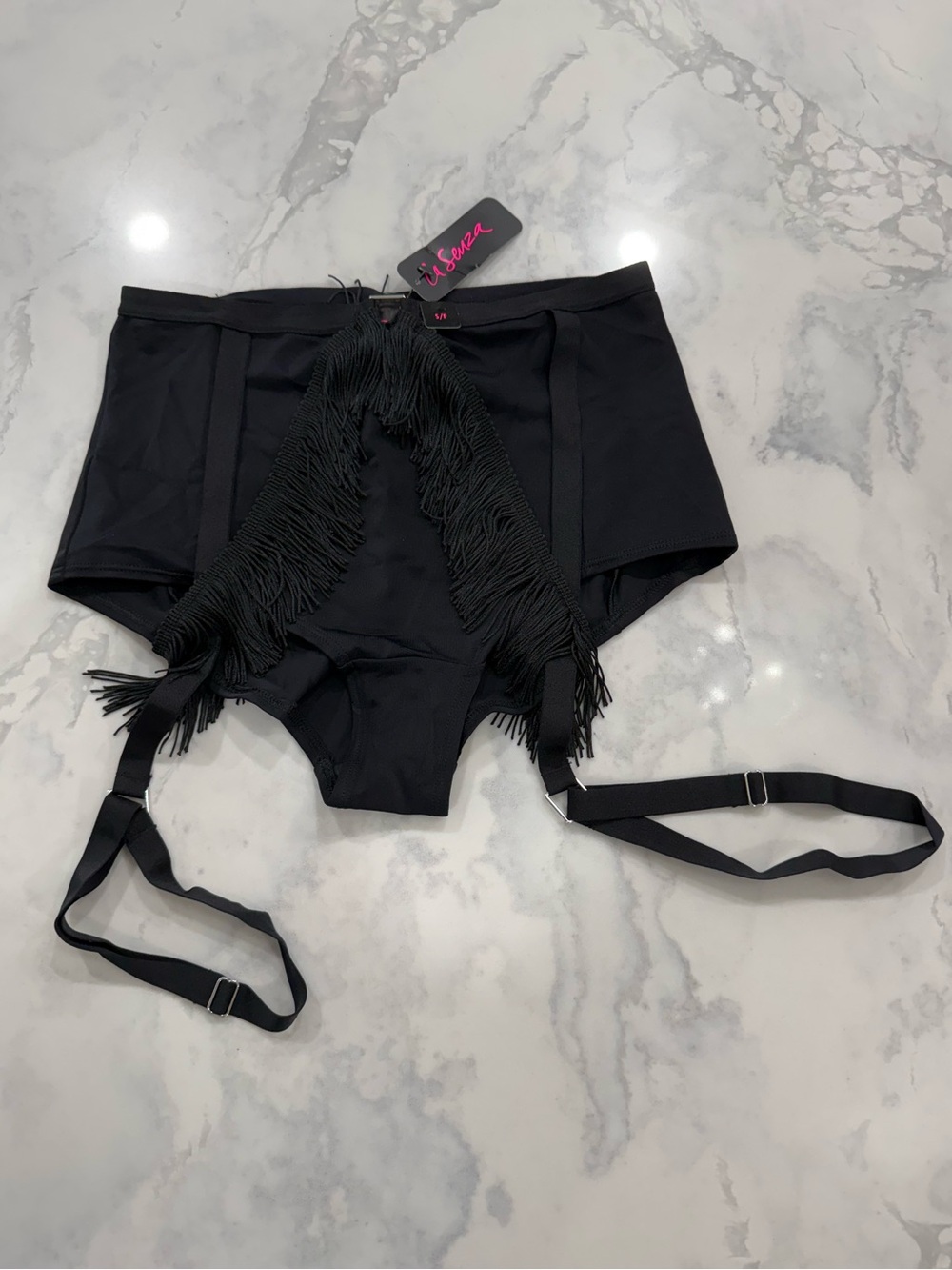 La Senza Black High-Waist Fringe Garter Shorts